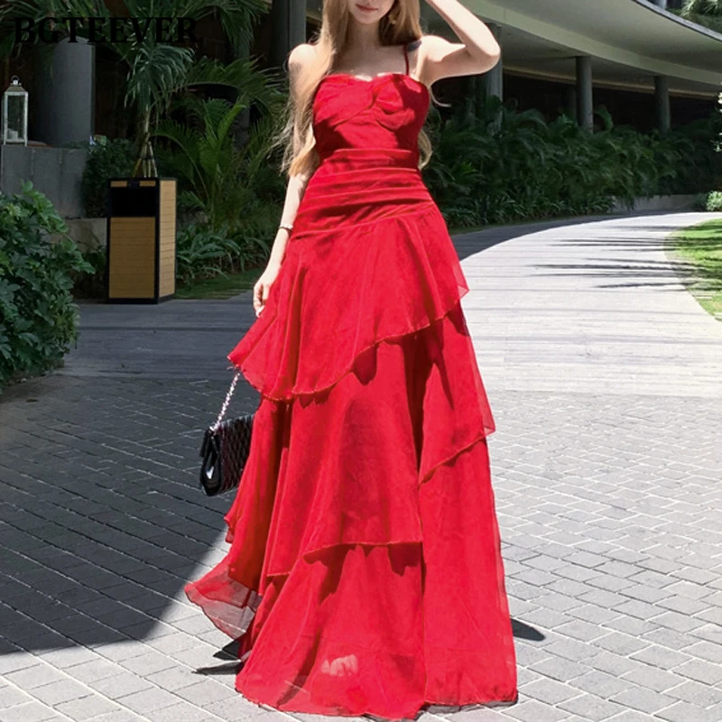 BGTEEVER Summer Elegant Ladies Spaghetti Strap Ruffles A-line Dress Vintage Women Slim Waist Sleeveless Party Dress