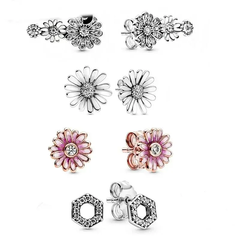 2024 High Quality 925 Sterling Silver Pave Silver, Pink Daisy Flower, Honeycomb Hexagon, Triple Earrings Fashion Woman Jewelry