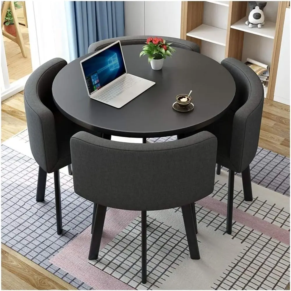 

Compact Round Coffee Table with 4 Chairs for Small Meeting Spaces - Black Fabric