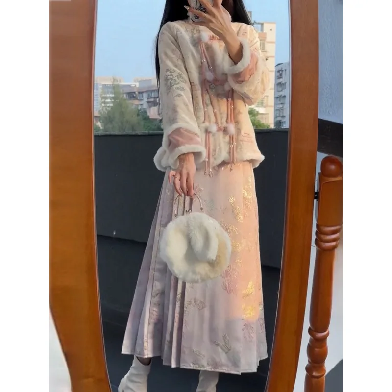 woman dress Chinese style new Chinese female spring 2024 new retro padded buckle jacket horse face skirt two-piece set penumbra