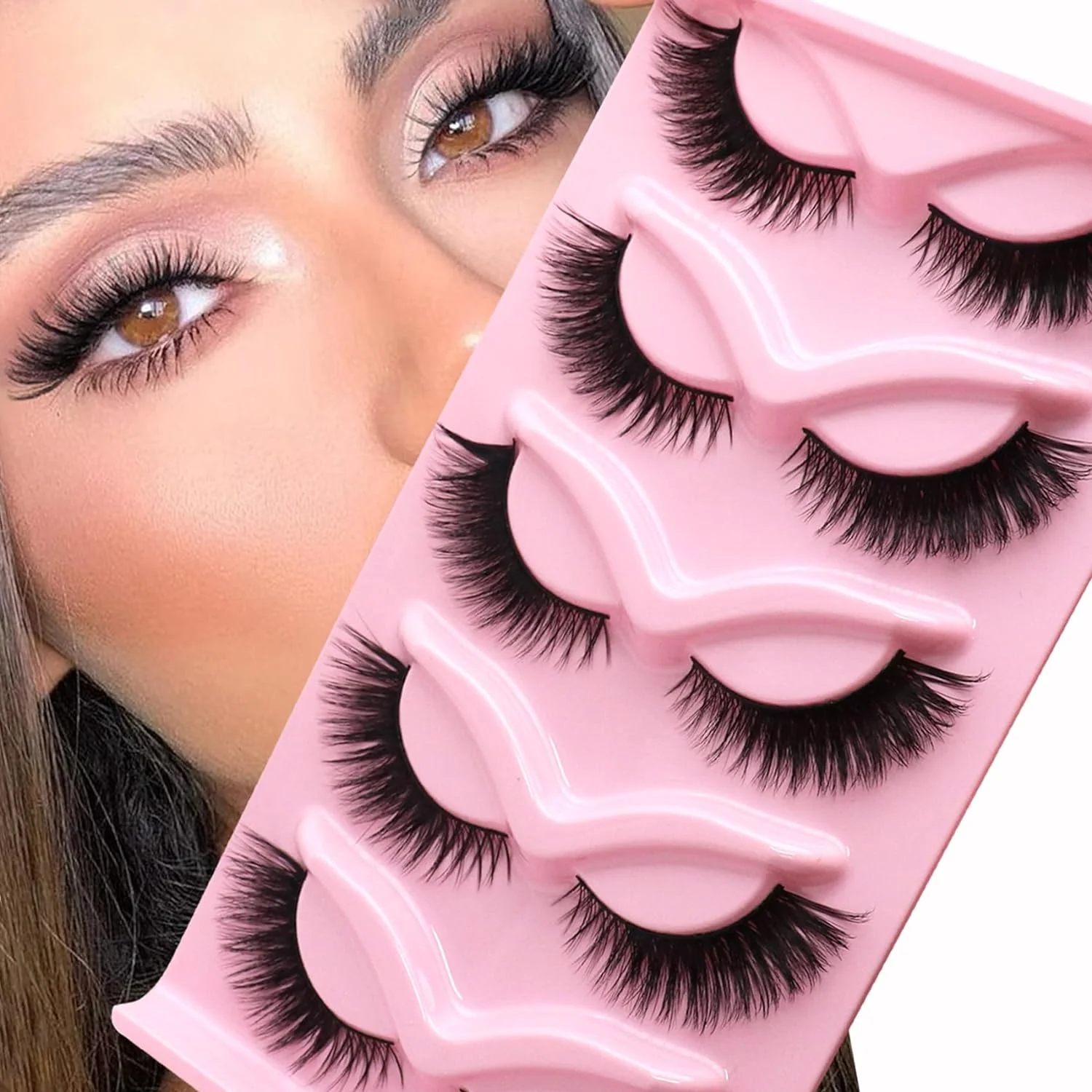 Cat Eye False Eyelashes 5 Pairs Pack for Doll Eye Makeup Charming Wispy Lightweight Faux Mink Lashes Premade volume fans Veyes