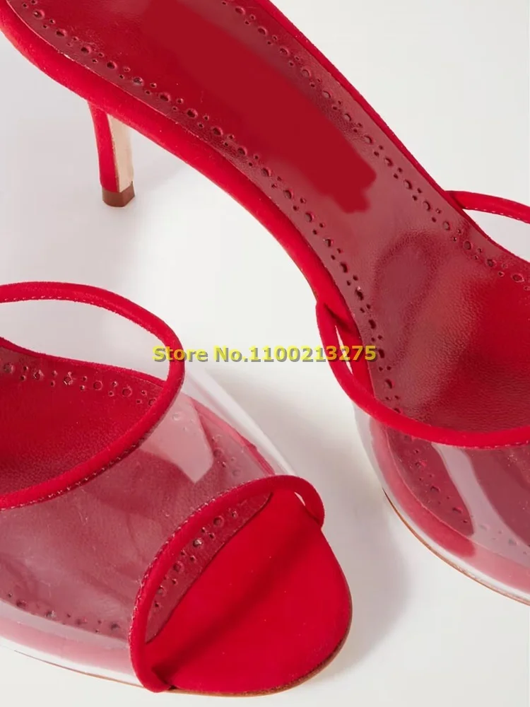 Suede-trimmed PVC Mules Open Toe Stiletto High Heel Shallow Slip On Red Black Nude Fashion 2024 Summer Women Slippers