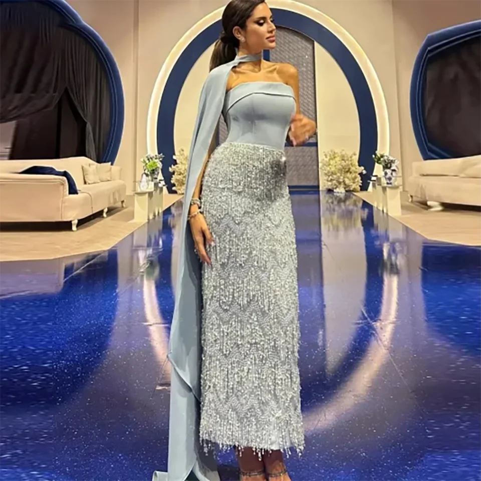 Customized Gorgeous Dusty Blue Sequin Beaded Boat Neck Satin Bodycon Evening Gala Wedding Dress 2