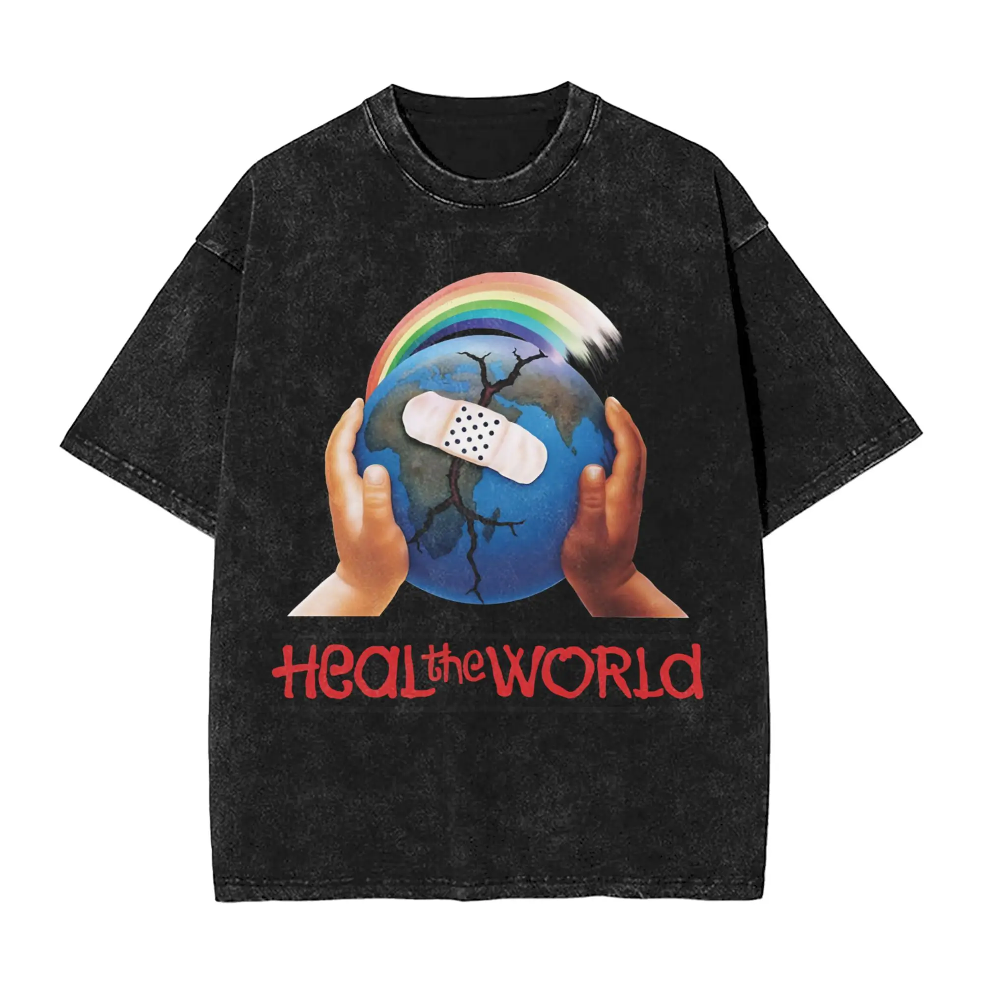 Harajuku Washed Shirt Heal The World MJ Signature michaels jacksons Outfit Vintage T-Shirts High Street  Streetwear 100% Cotton