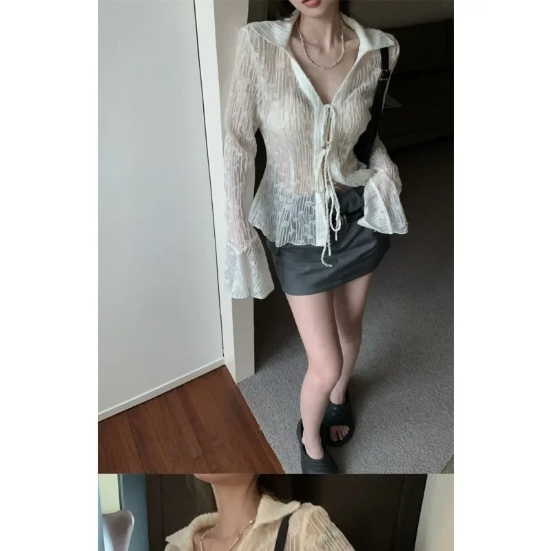 QWEEK Elegant White Lace Up Transparent Shirts Woman Slim Long Sleeve Blouses Korean Cardigan Summer Youthful Chic Aesthetic