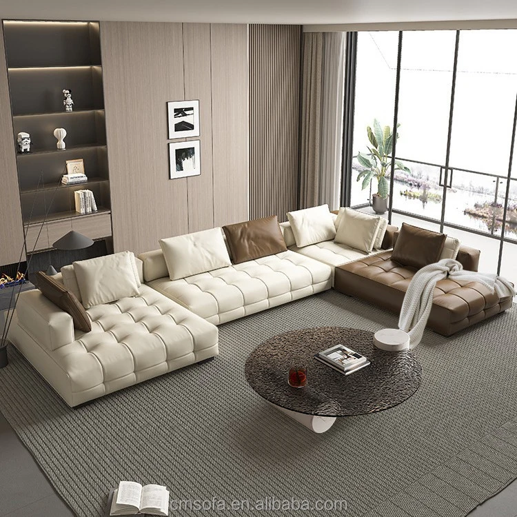 &Luxury L-shaped Sofa Set Villa Home Living Room Furniture Italian Modular Leather Large-sized Couch