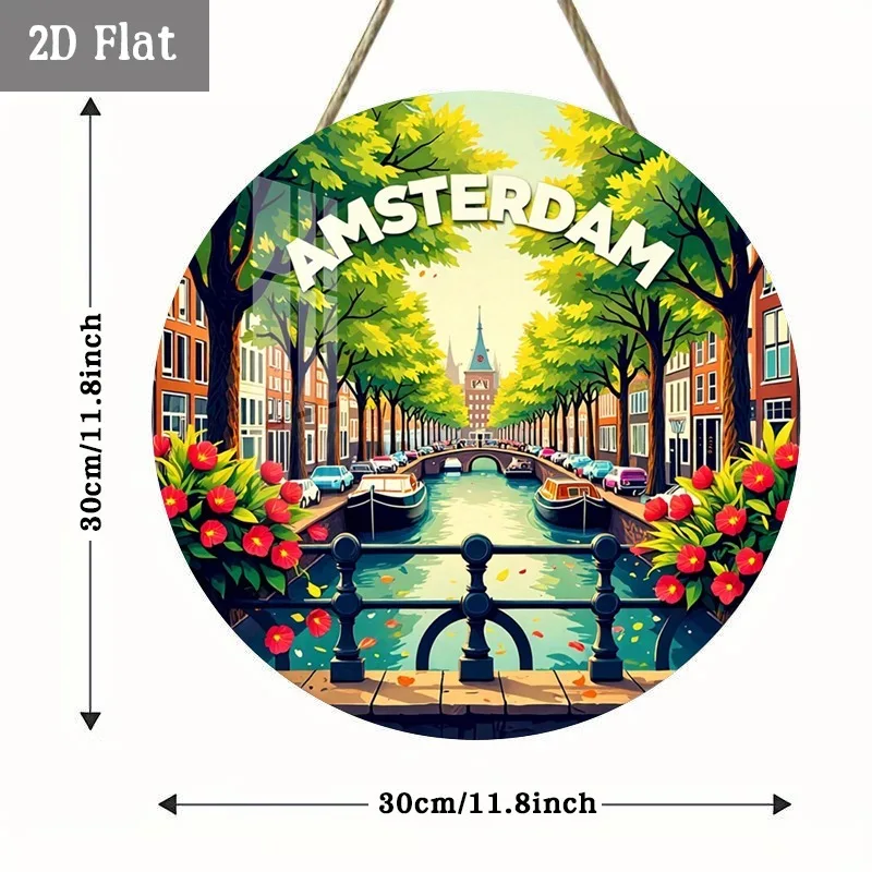 2D Flat - 1pc Wooden Panel Artwork Depicting an Amsterdam Scene, Featuring a Round Wall Decoration of a Canal View with Tree-Lin