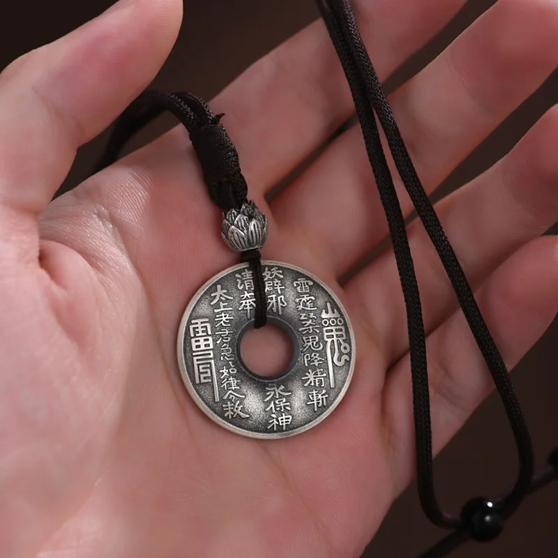 Silver New Mountain Ghost Spending Bagua Pendant Retro Copper Coin Necklace Lotus Safe Premium Men's and Women's Jewelry
