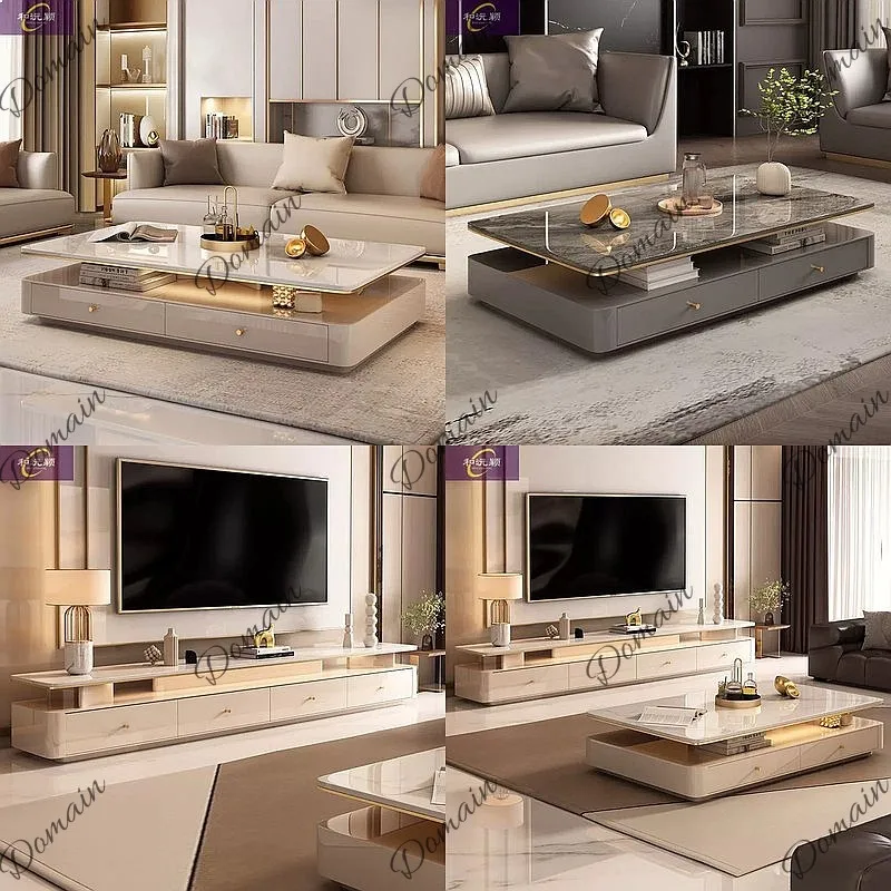 Modern Minimalist Sintered Stone Coffee Table TV Stand Set, Italian Luxury Rectangular Small Space