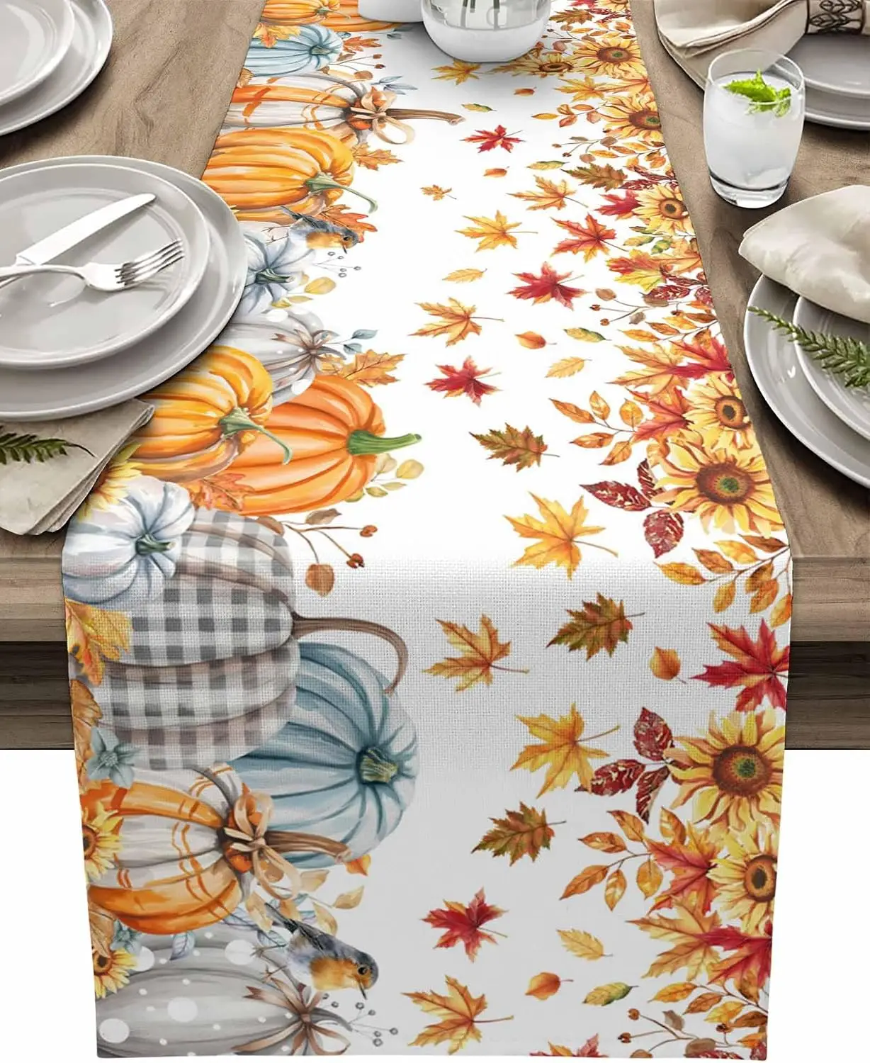 Fall Thanksgiving Pumpkins Maple Leaves  Linen Table Runner Home Decor Reusable Kitchen Dining Table Runners Autumn Decorations