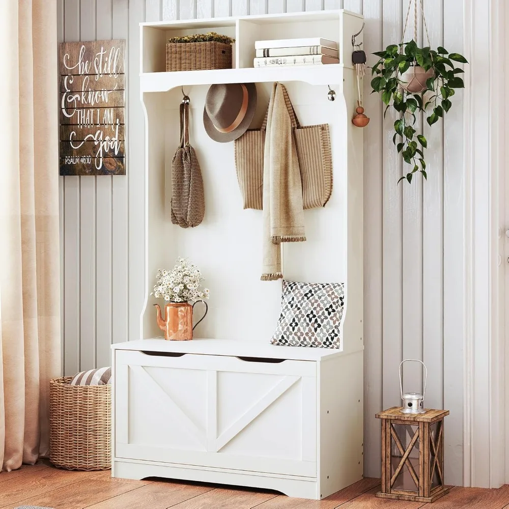 شجرة القاعة مع مقعد وتخزين الأحذية، مقعد المدخل مع رف المعطف وخزانة الأحذية، باب خزانة قابل للطي، رف المعاطف #1