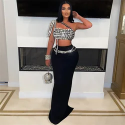 Sexy Party Two Piece Sets Women Rhinestone One Shoulder Crop Top and High Waist Back Split Maxi Long Skirts Night Club Outfits