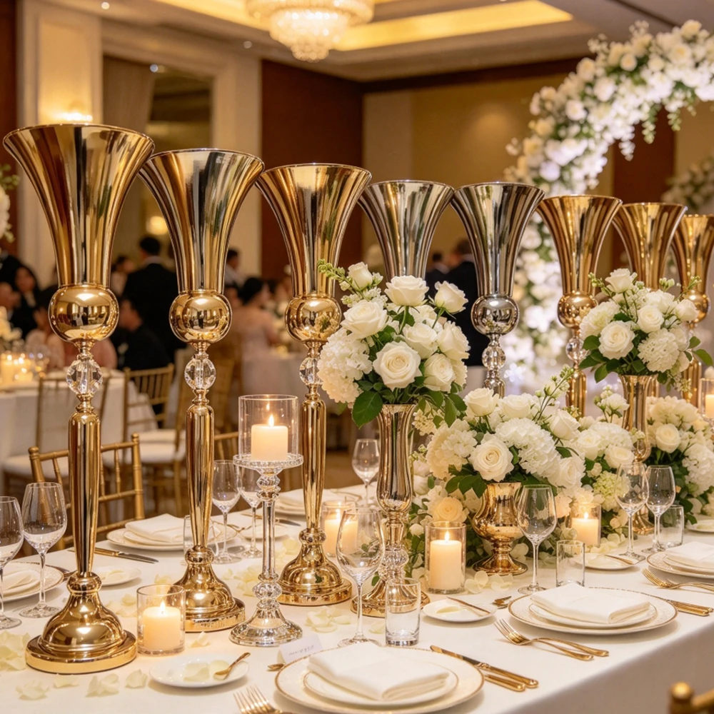 10pcs) New European metal trumpet-shaped large wedding table center piece gold vase flower stand