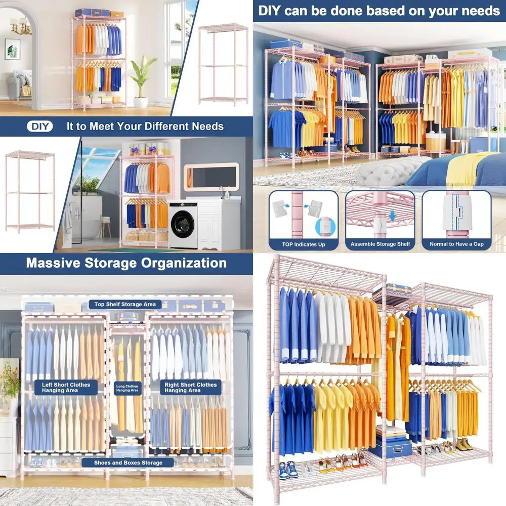 

Прочная металлическая отдельно стоящая вешалка для одежды с полками, 71 x 16 x 76,5 В, вмещает 960 фунтов, розовый