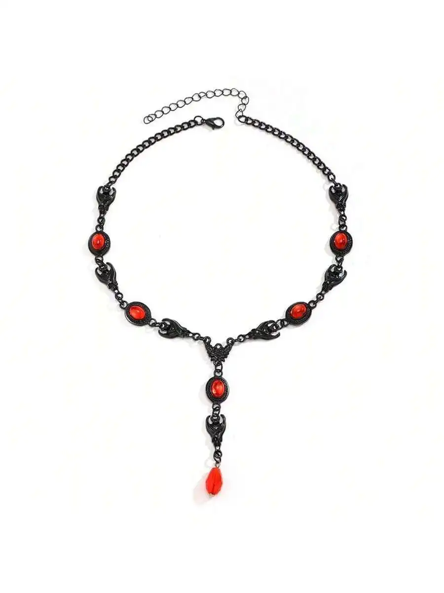 

Punk Gothic Choker Necklace With Red Crystal Blood Drop Pendant Y2K Style