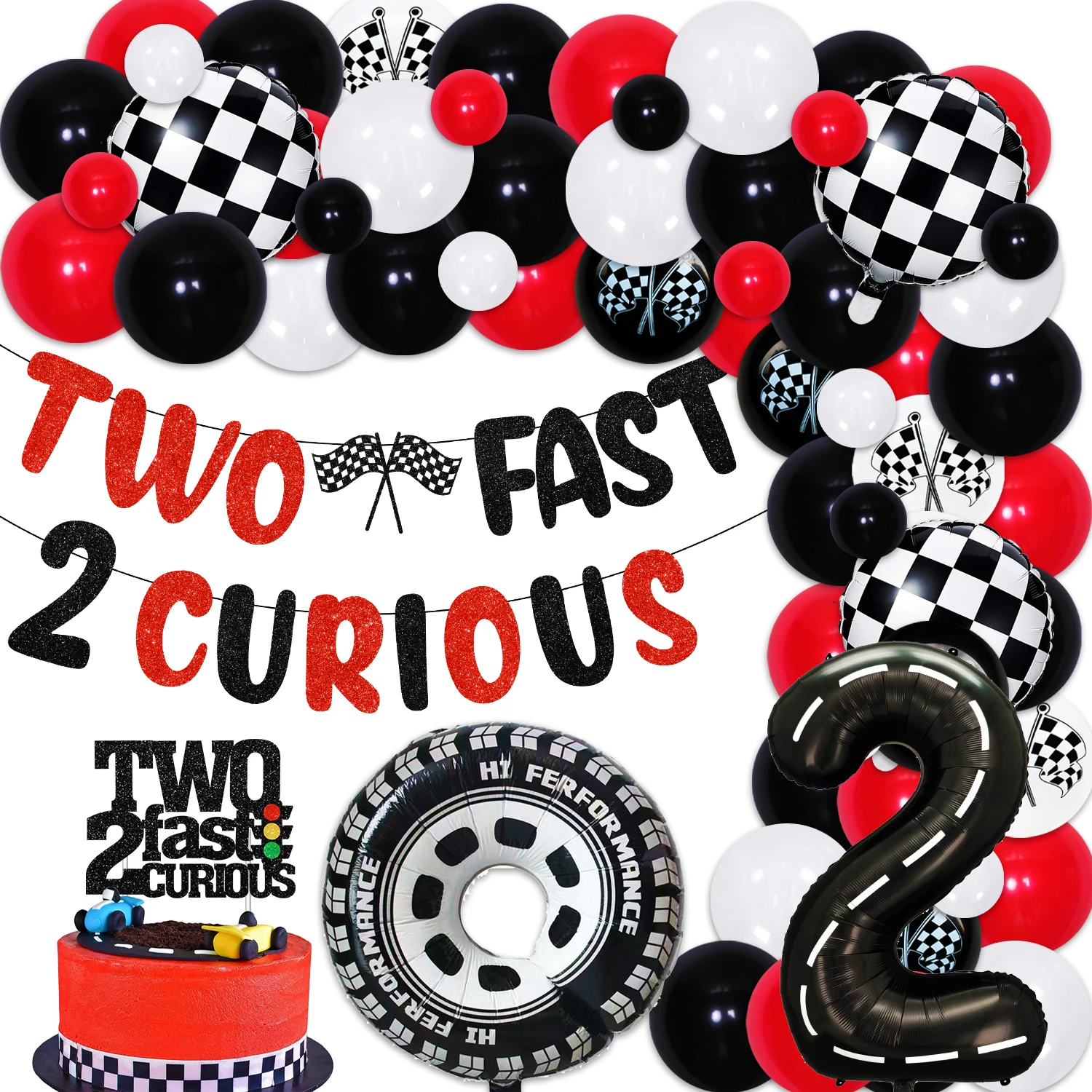 

Red Black Racing Car 2nd Birthday Decorations for Boys TWO FAST 2 CURIOUS Banner Cake Topper Racing Theme Balloon Garland Kit