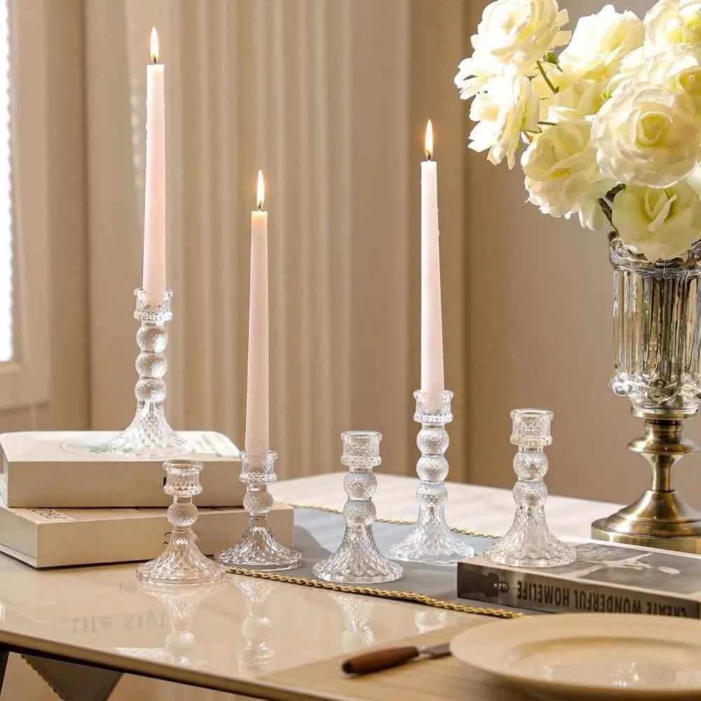 

Luxury Vintage Glass Candle Holder Romantic Transparent Simple Candles Stand Non-slip Thicken Clear Glass Candlestick Party