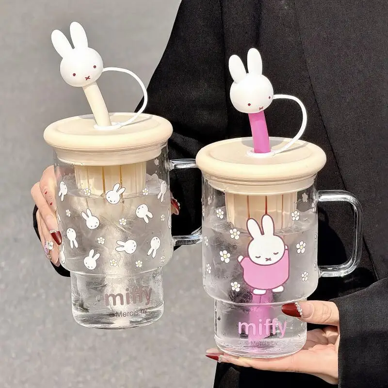 

Miffy Water Cup Kawaii Cartoon Miffy Summer Straw Cup High Borosilicate High Temperature Resistant Office Desktop Cup
