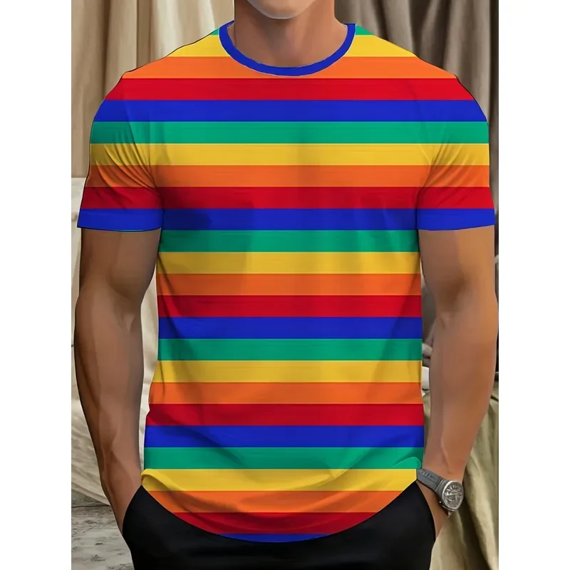 for Men Casual Rainbow Stripe Short Sleeve T Shirt Bright Multi Color Print Crew Neck Fun Pattern Tee Durable Daily Wear