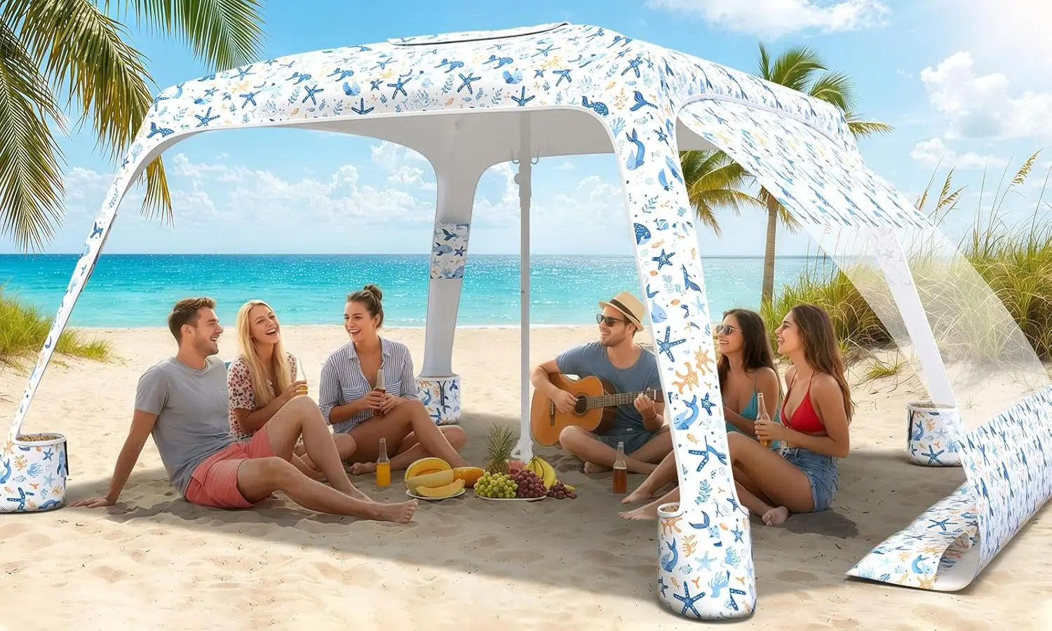 

6.5' x 6.5' Beach Canopy, UPF50+ Sun Shelter with Adjustable Height and Removable Side Wall, Portable Beach Tent Umbrella for Beach, Garden, Camping (Fish Print)