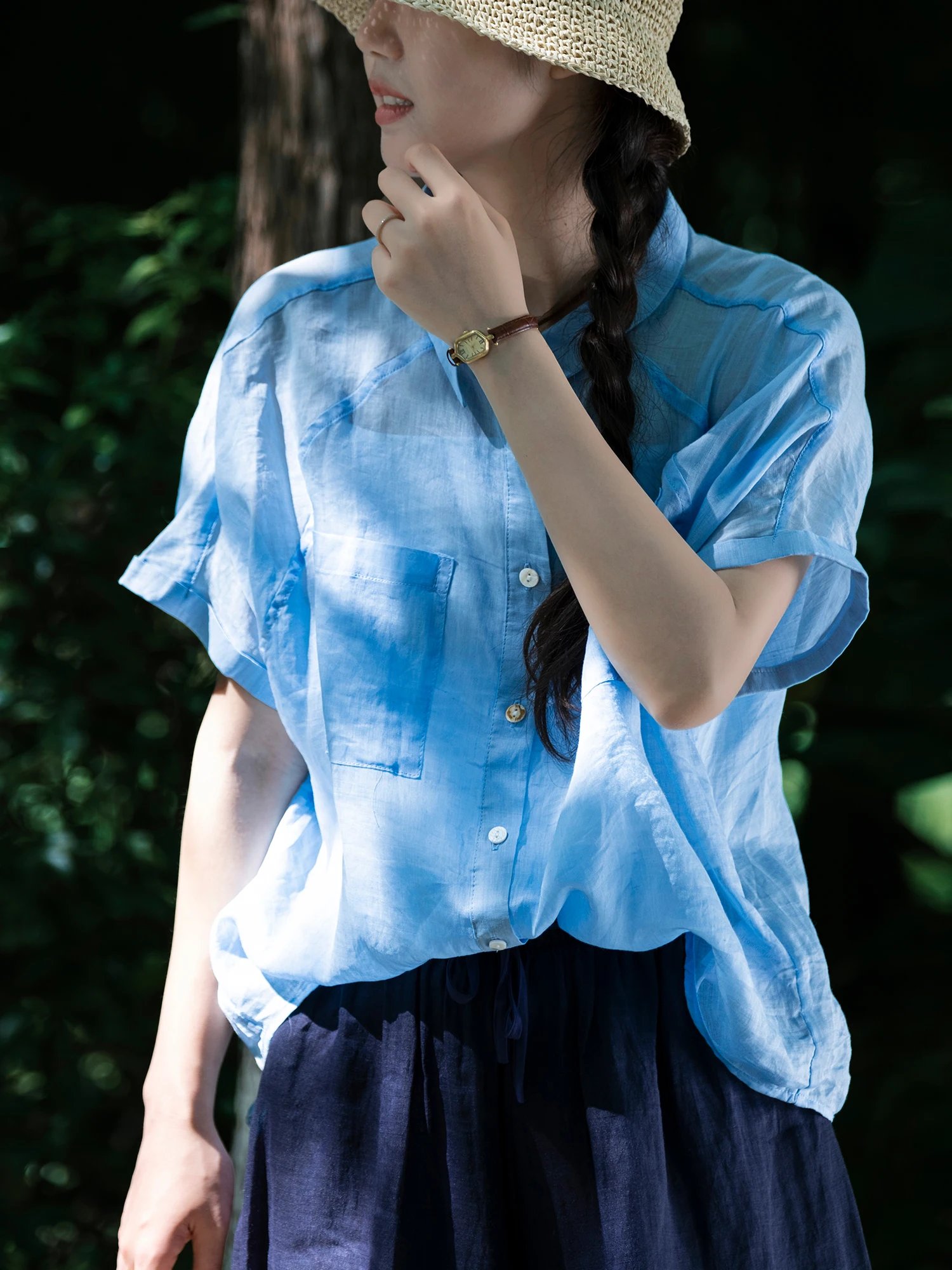 

Jiangxia Youyou Series Tang Wind 00 Flax Multi-color ort Sve irt oulder Insertion Flip Casual Summer Top