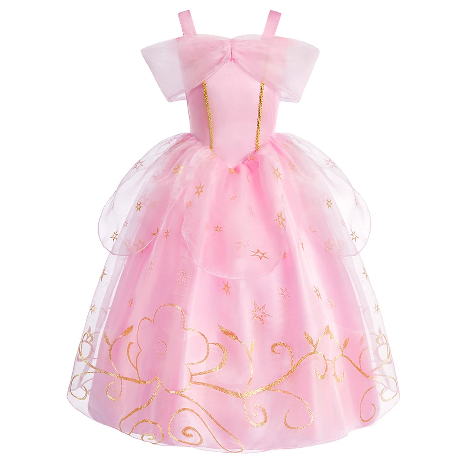 Soft Skin-friendly Pink Dress with Sparkling Gold Stars and Puffy Tulle Skirt Durable Princess Costume for Kids Girl Play Events