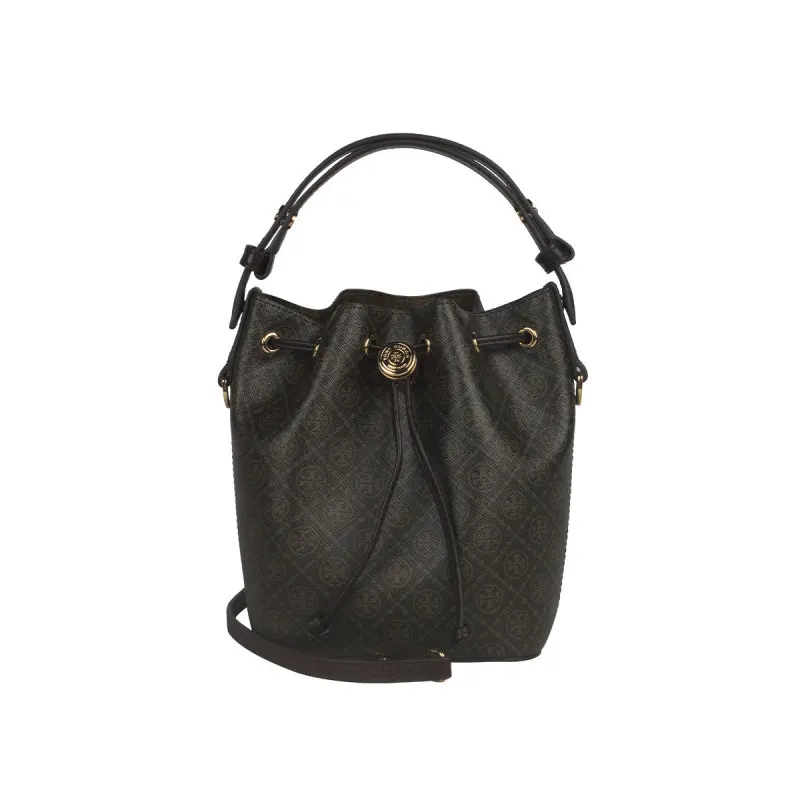 TORY BURCH T Monogram Raffia Bucket Bag in Black Coffee 164889