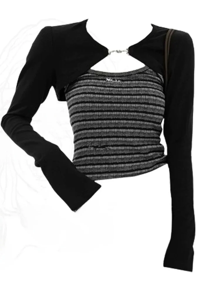 Black Long Sleeve Knitted Open Cardigan Women's Style Slim Fit Inner Wear Striped Tube Top Two-Piece Set Casual Fashion Autum...