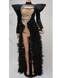 Exaggerated Shoulder Sexy black dresses Gogo performance night  commercial show catwalk Lady Gaga black feather hollow costume