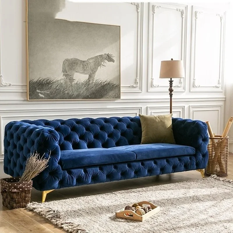 Luz americana de luxo internet celebridade artesanal puxar fivela pés metal estilo simples móveis sala estar três sofá veludo