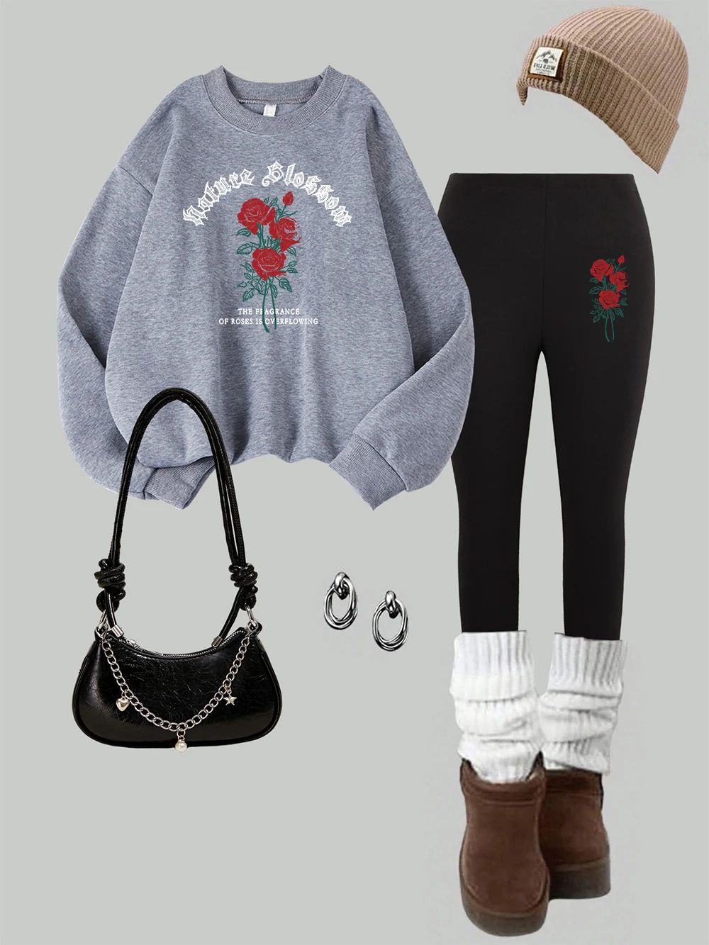 

2 Piece Women Nature Blooming The Roses Flower Prints Sweatshirt Leggings Set Fashion Warm Fleece Hoodie Pants Autumn Clothes