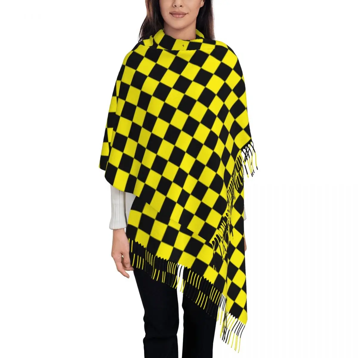 Custom Luxury Yellow Black Checkered Pattern Tassel Scarf Women Winter Warm Shawls Wraps Female Scarves