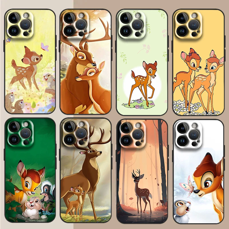 

Disney Cartoon Cute Bambi For Apple iPhone 15 14 13 12 11 XS XR X Pro Max Plus Mini Soft Shockproof TPU Black Phone Case