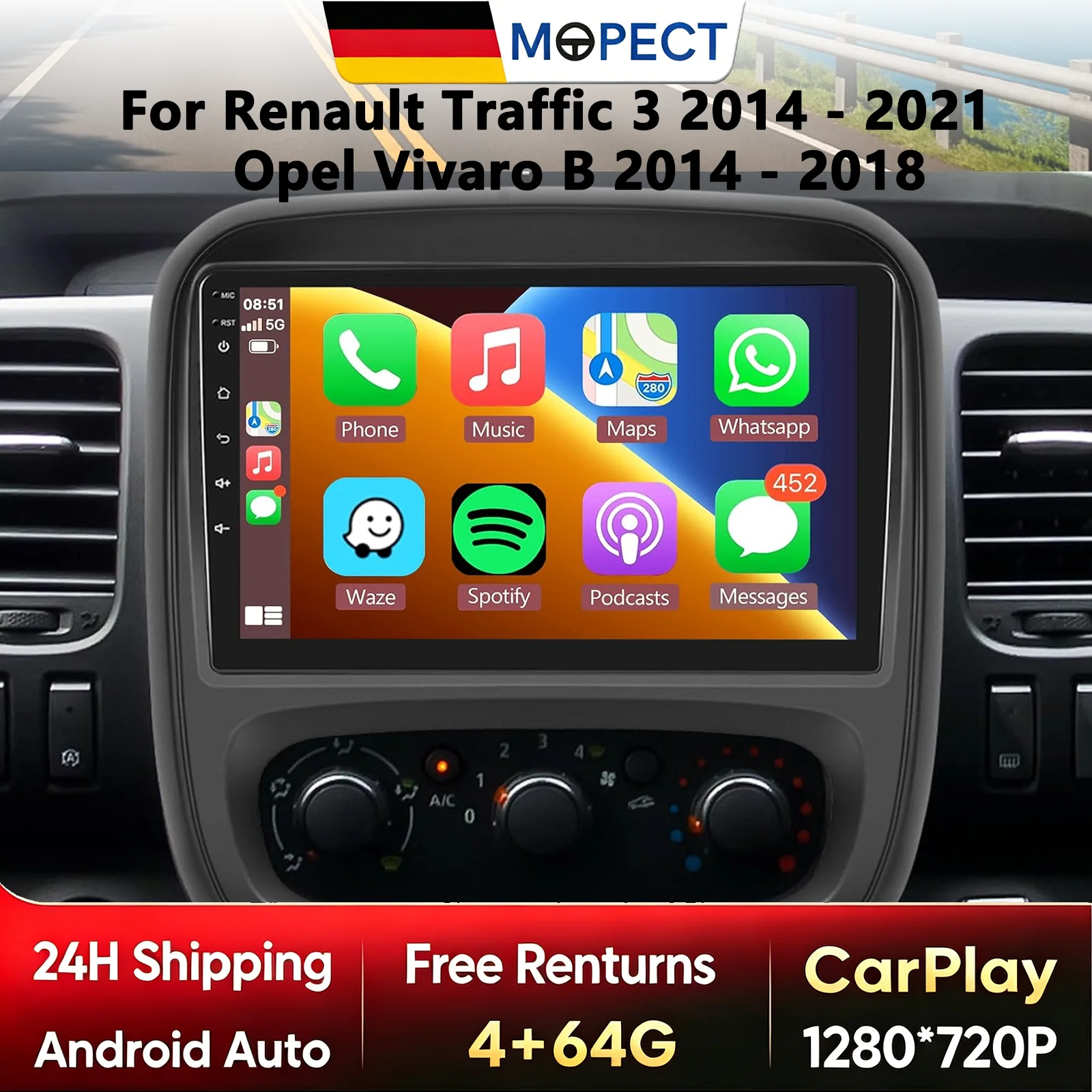 MOPECT 4+128G Autoradio mit Carplay für Renault Trafic 3 2014-2021 und Opel Vivaro B 2014-2018, Android Auto-Monitor, Android 15 Navigation, GPS, kein 2-DIN, 4G, BT, DAB+, DVR