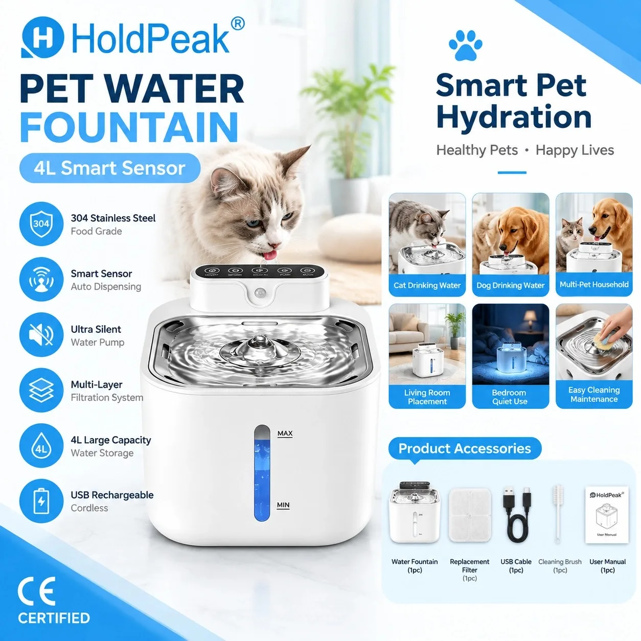 HoldPeak Automatic Pet Water Dispenser 4L Smart Sensor Flow Multi-Layer Filter 304 Stainless Steel Silent Pump