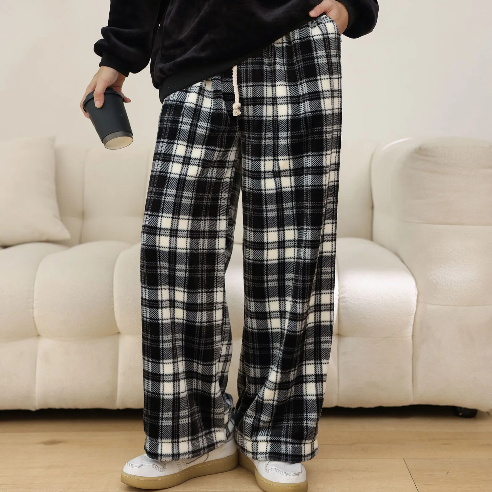 Men Velvet Long Pants  Autumn Winter Warm Comfortable Thick Flannel Plaid Checkered Loose Pajama Pants Wear Couple Home Clothes