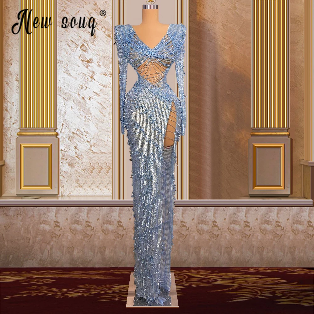 

Long Tassel Blue Evening Dress Dubai Sparkly Sequin Mermaid Prom Party Gowns Arabic Celebrity Dresses Birthday Cocktail Party