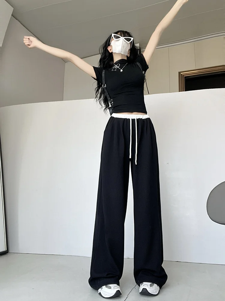 ゆったりフィットのスポーツパンツ、ワイドレッグカジュアルパンツ、女性用ハイウエストロングストレートカット、ドレープ感のあるストリートスタイル