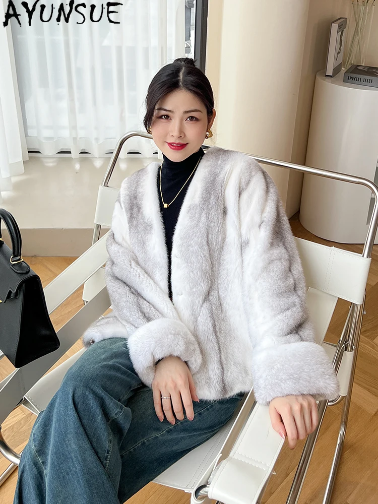 AYUNSUE Giacca in pelliccia di visone in velluto naturale Donna con scollo a V Giacca invernale in visone intero di lusso per abiti da donna Alta qualità │фта Сadeirasхом