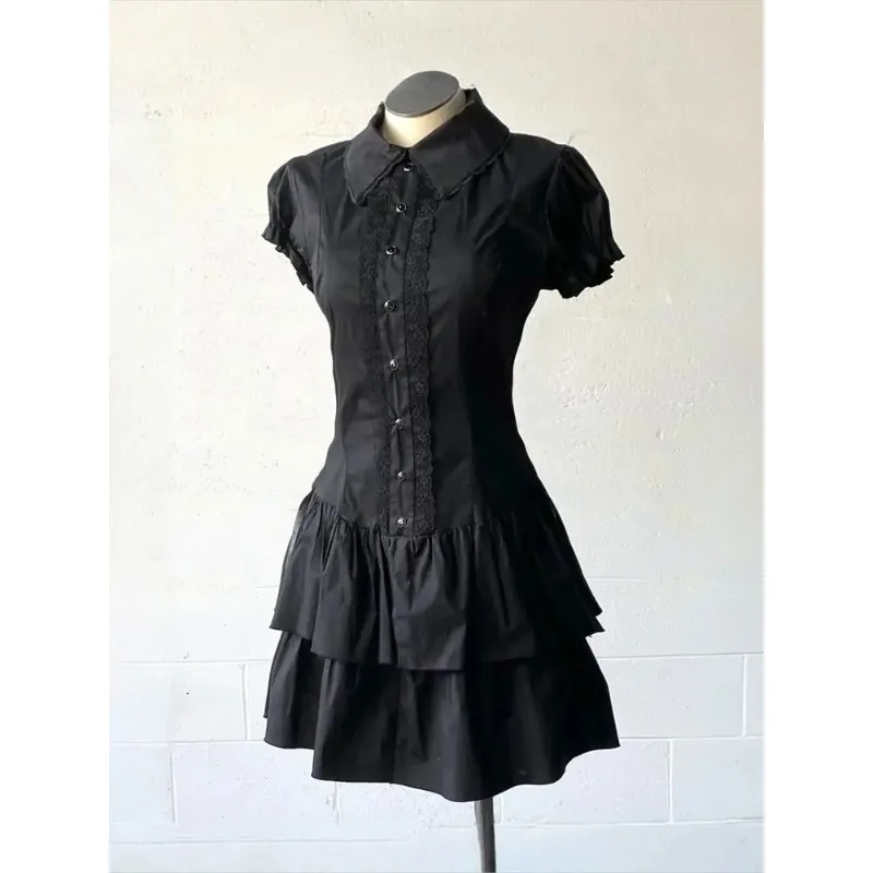 

Summer Chic Vintage Black Short Sleeve Dress Women High Street Y2k Patchwork Slim Lapel Gothic Dresses Retro Hot Girl Clothing