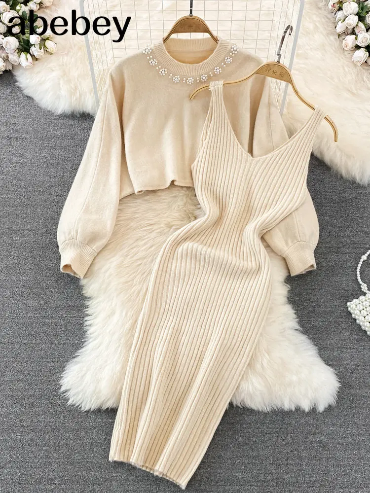 2022 Beading Knitted Women Sets Loose Long Sleeves Sweater+ Solid Elastic Dress French Style Casual Two Piece Set