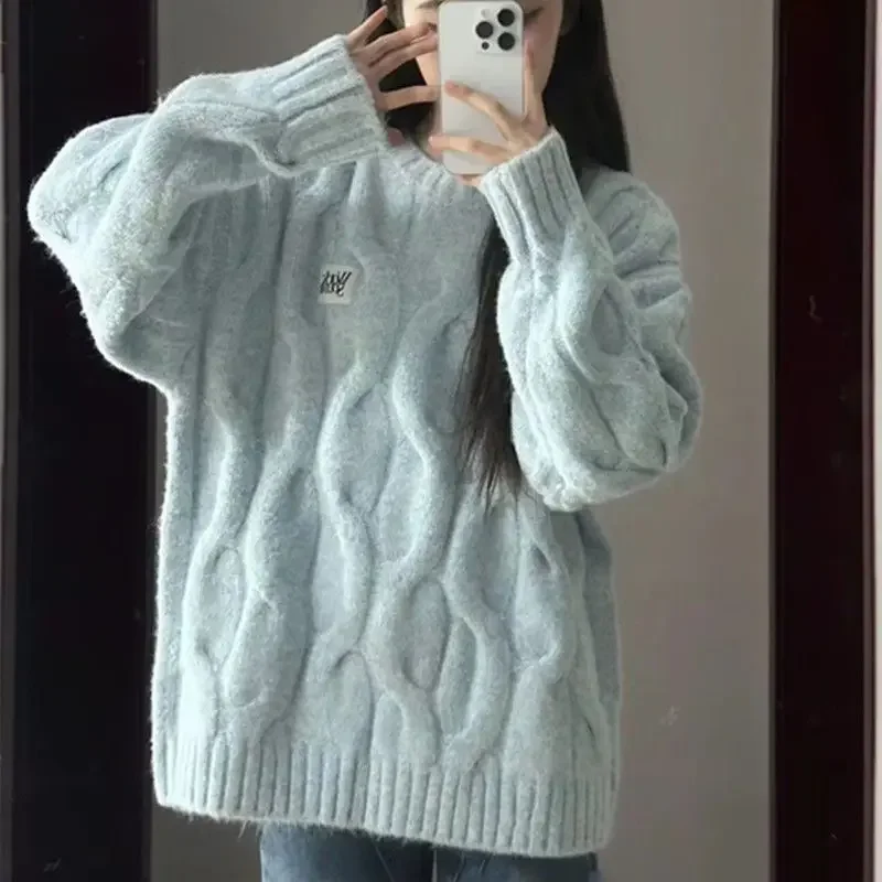 

Sweater Pullover Women's Fall and Winter Twist Loose Soft O-Neck Thickened Knitted Tops Lazy Wind Outside Wear Models