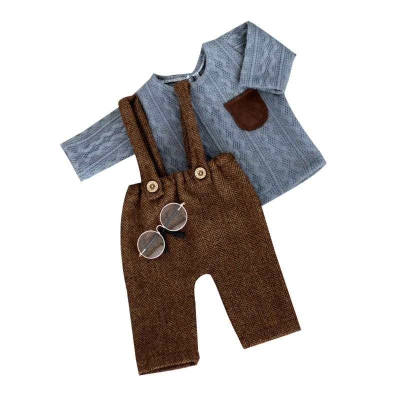 Infant Shirt with Spectacles & DungareesFashionable Newborn Photoshoot Suit Kits