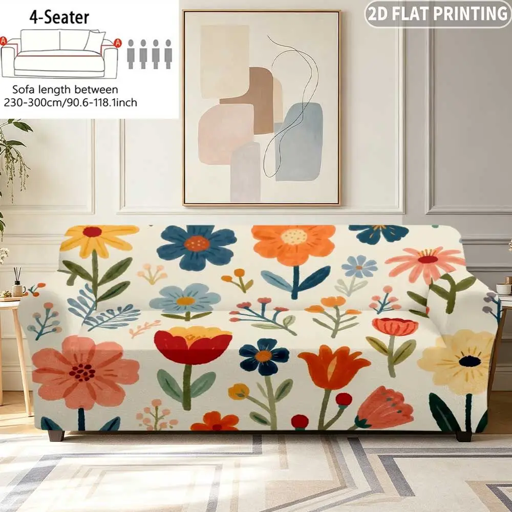 1pc Elastic Sofa Cover Colorful Floral Pattern On Cream, Easy to Install, Ideal for  Single/ Double/ Three / Four-Person Sofa