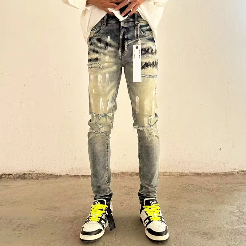 Fashionable new men's jeans washed blue painted elastic slim fit jeans designer high street hip-hop brand high-quality pants hom