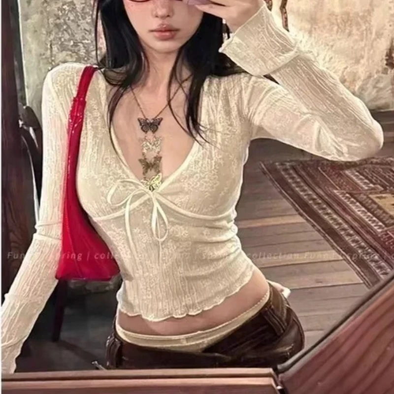 

Coquette Aesthetic Mesh T Shirts Women Vintage V Neck Lace Bow Cropped Tops Y2k Sexy Slim Fit Long Sleeve Tee Shirts Tops 2025