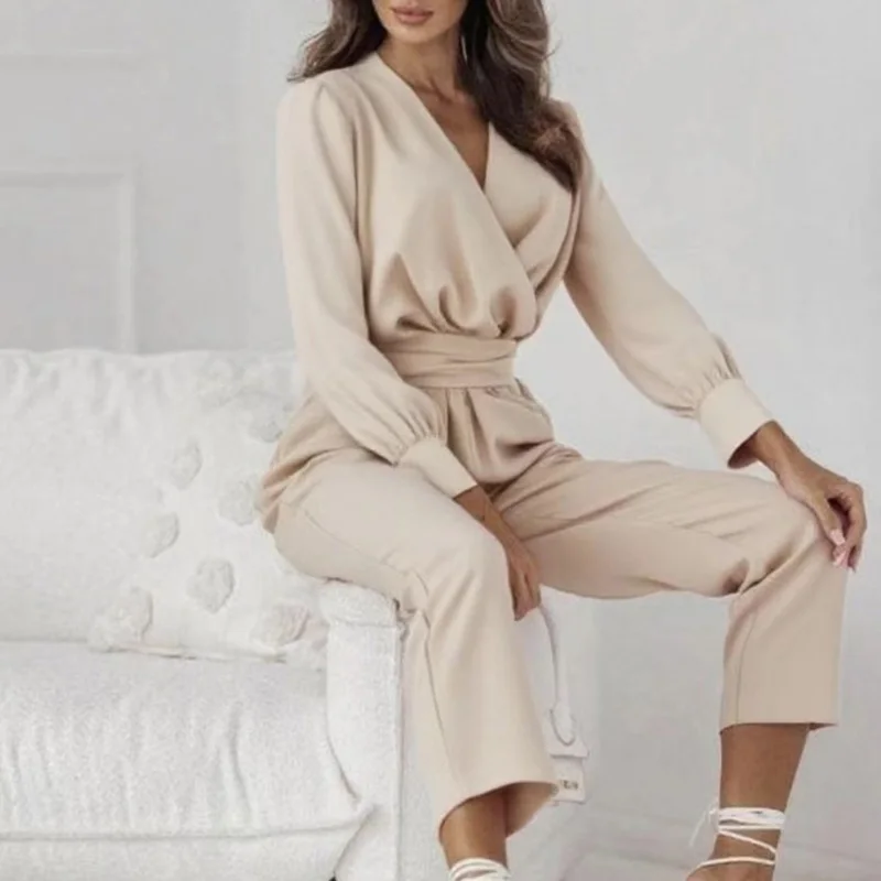 

Office Lady V Neck Long Sleeved Loose Jumpsuit 2025 New Solid Color High Waist Straight Playsuit Elegant Pleated Lace Up Romper