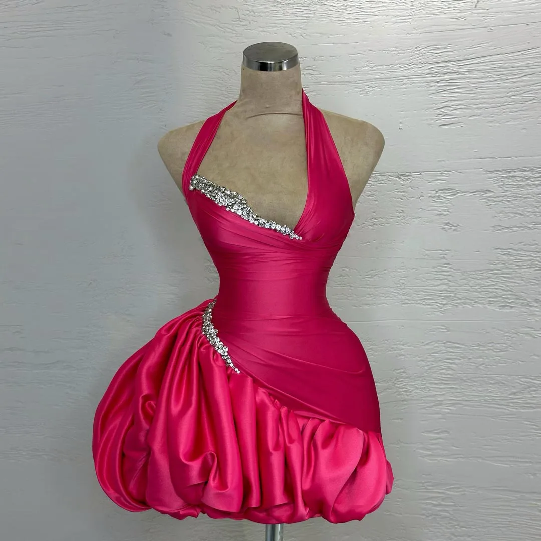 Fashionable Graduation Dresses for Summer Hot Pink Strapless Sleeveless Mini Party Gowns Saudi Arabic Vestidos De Noche