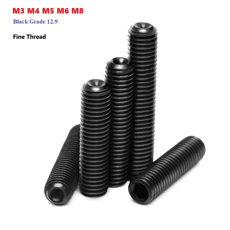 

Fine Thread Headless Screw M3 M4 M5 M6 M8 Black Grade 12.9 Hexagon Socket Head Cap Tooth Set Screws Pitch 0.35mm/0.5mm/1mm