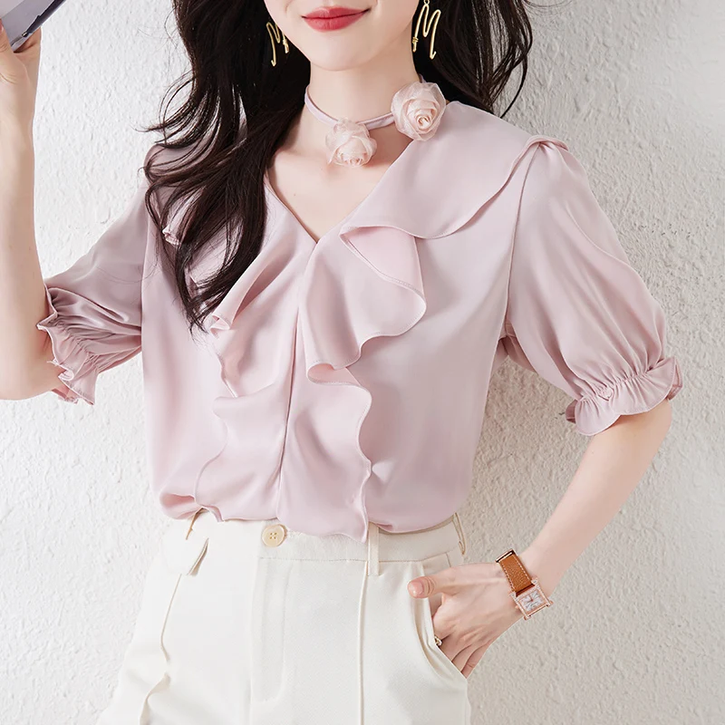 Nieuwe Dameskleding Chiffon Blouse Dames Koreaanse Shirts Dames Wit Roze Slim Fit Tops